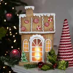 LED Lighted Peppermint Gingerbread House Christmas Decoration - 14"