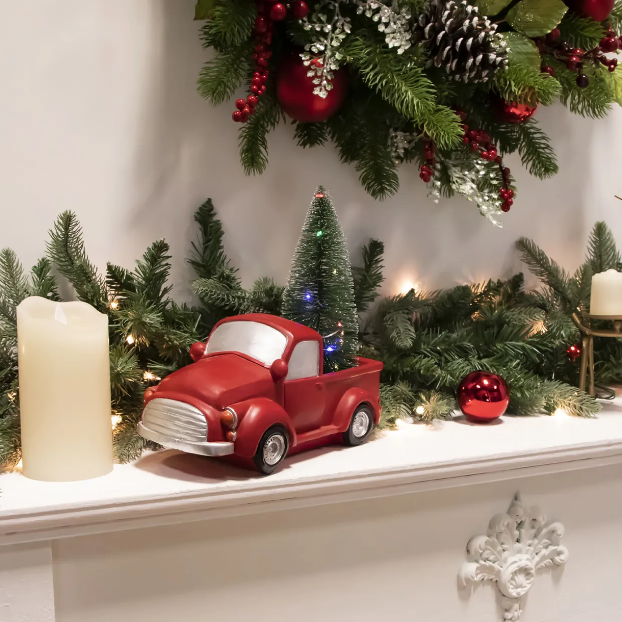 LED Lighted Pine Tree in Vintage Truck Christmas Decoration - 10" - Red