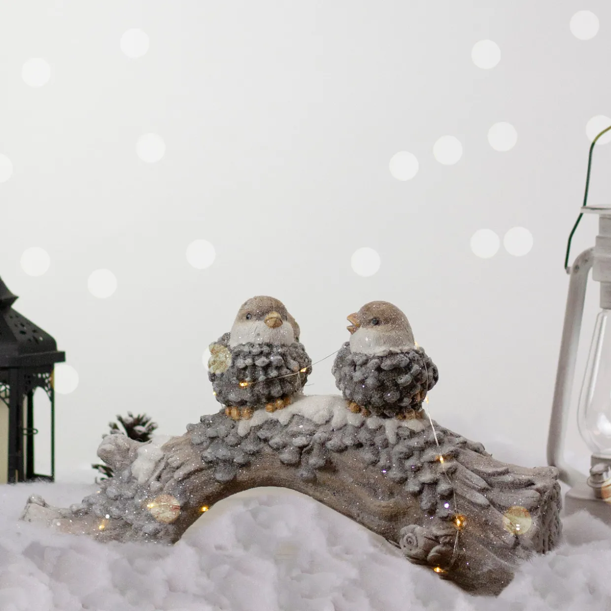 LED Lighted Rustic Glittered Birds on a Snowy Log Christmas Decoration - 18"