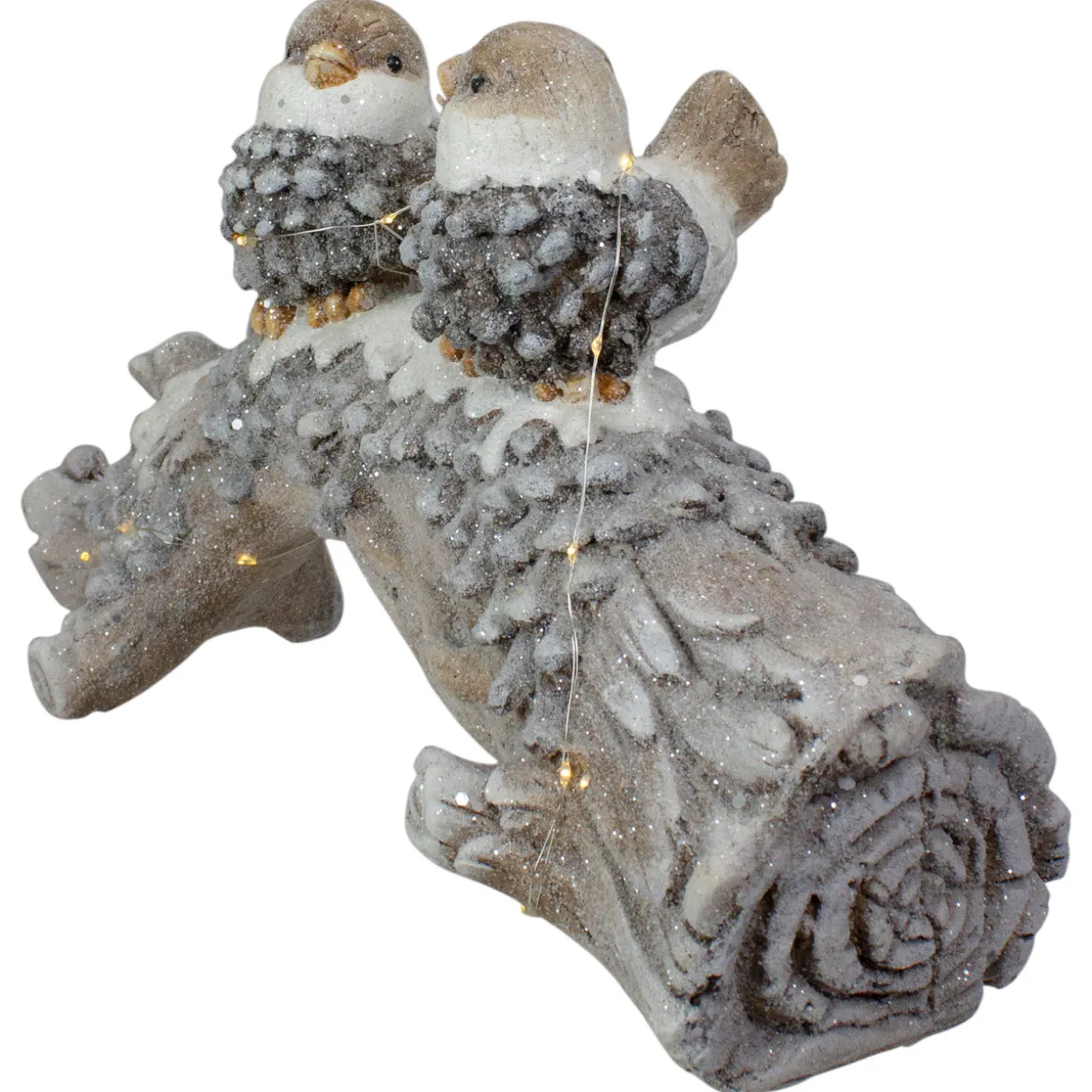 LED Lighted Rustic Glittered Birds on a Snowy Log Christmas Decoration - 18"