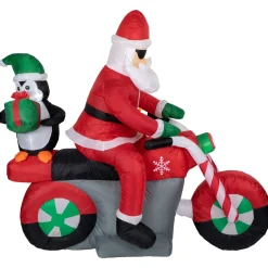 LED Lighted Santa and Penguin on Motorcycle Outdoor Christmas Inflatable - 5'