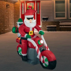 LED Lighted Santa and Penguin on Motorcycle Outdoor Christmas Inflatable - 5'