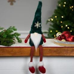 LED Lighted Sitting Gnome with Snowflake Christmas Figure - 13" - Green