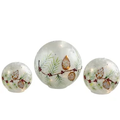 LED Lighted Snowball Glass Christmas Globes with Timer - 8" - Set of 3