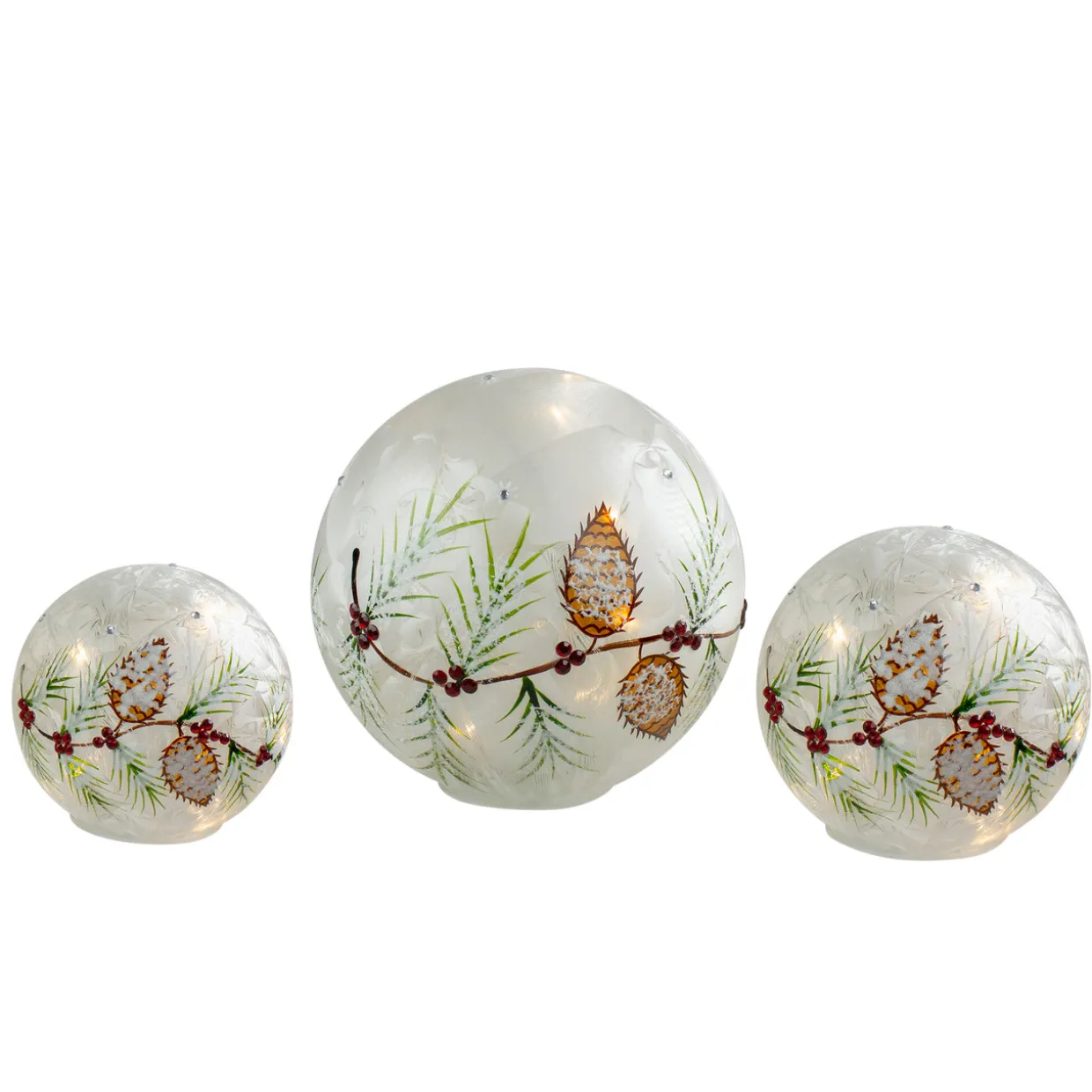 LED Lighted Snowball Glass Christmas Globes with Timer - 8" - Set of 3