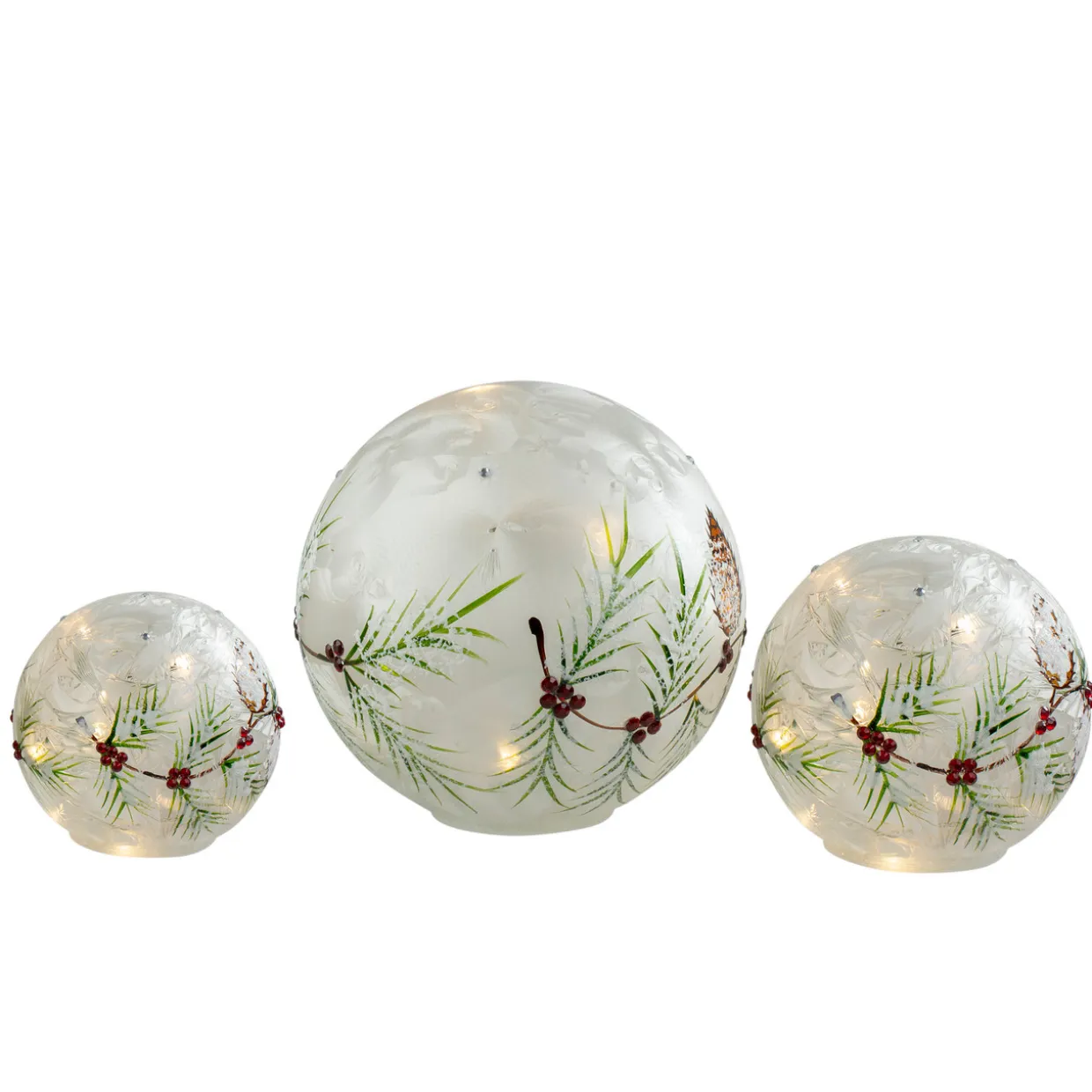 LED Lighted Snowball Glass Christmas Globes with Timer - 8" - Set of 3