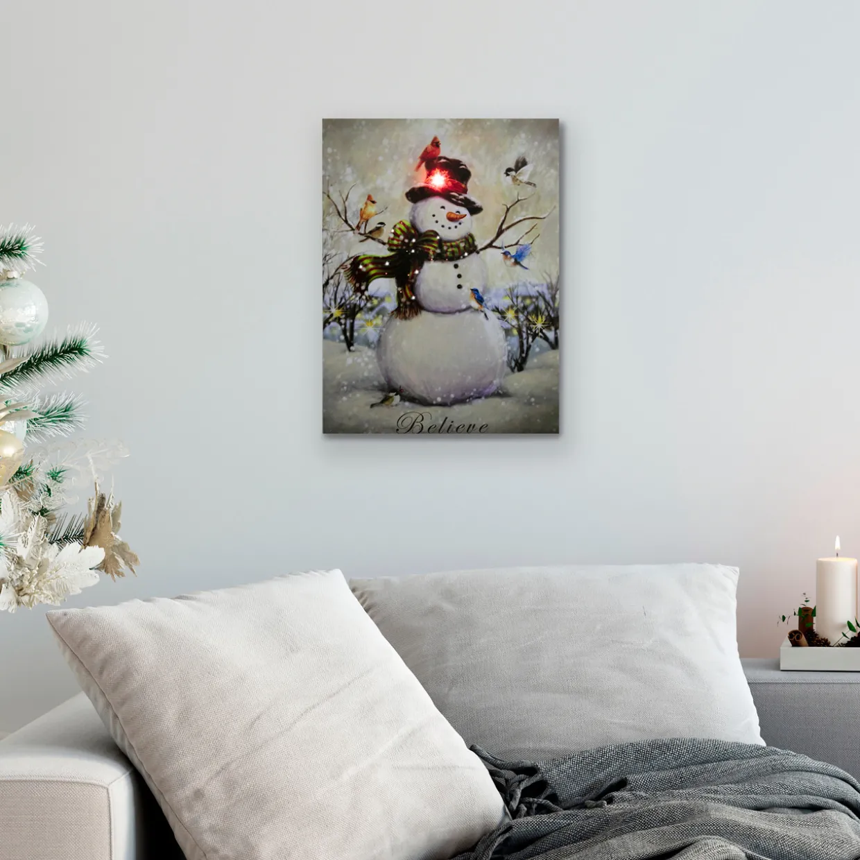 LED Lighted Snowman and Bird Friends Christmas Canvas Wall Art 15.75" x 11.75"