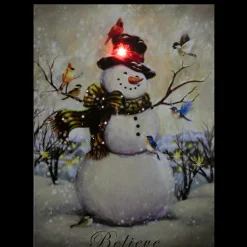 LED Lighted Snowman and Bird Friends Christmas Canvas Wall Art 15.75