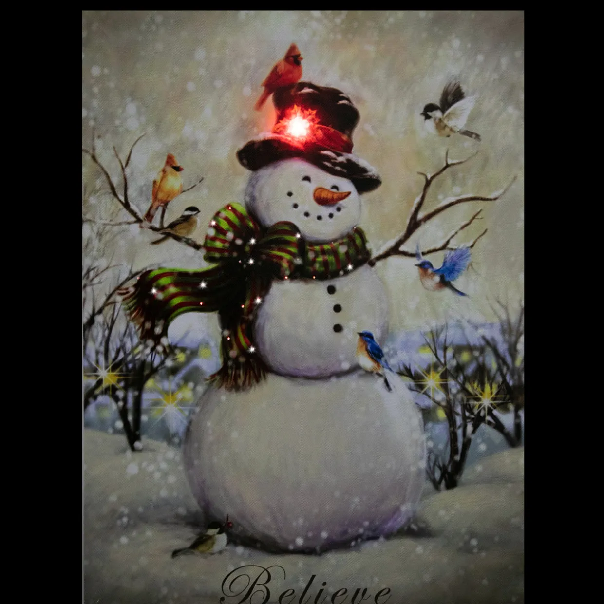 LED Lighted Snowman and Bird Friends Christmas Canvas Wall Art 15.75" x 11.75"