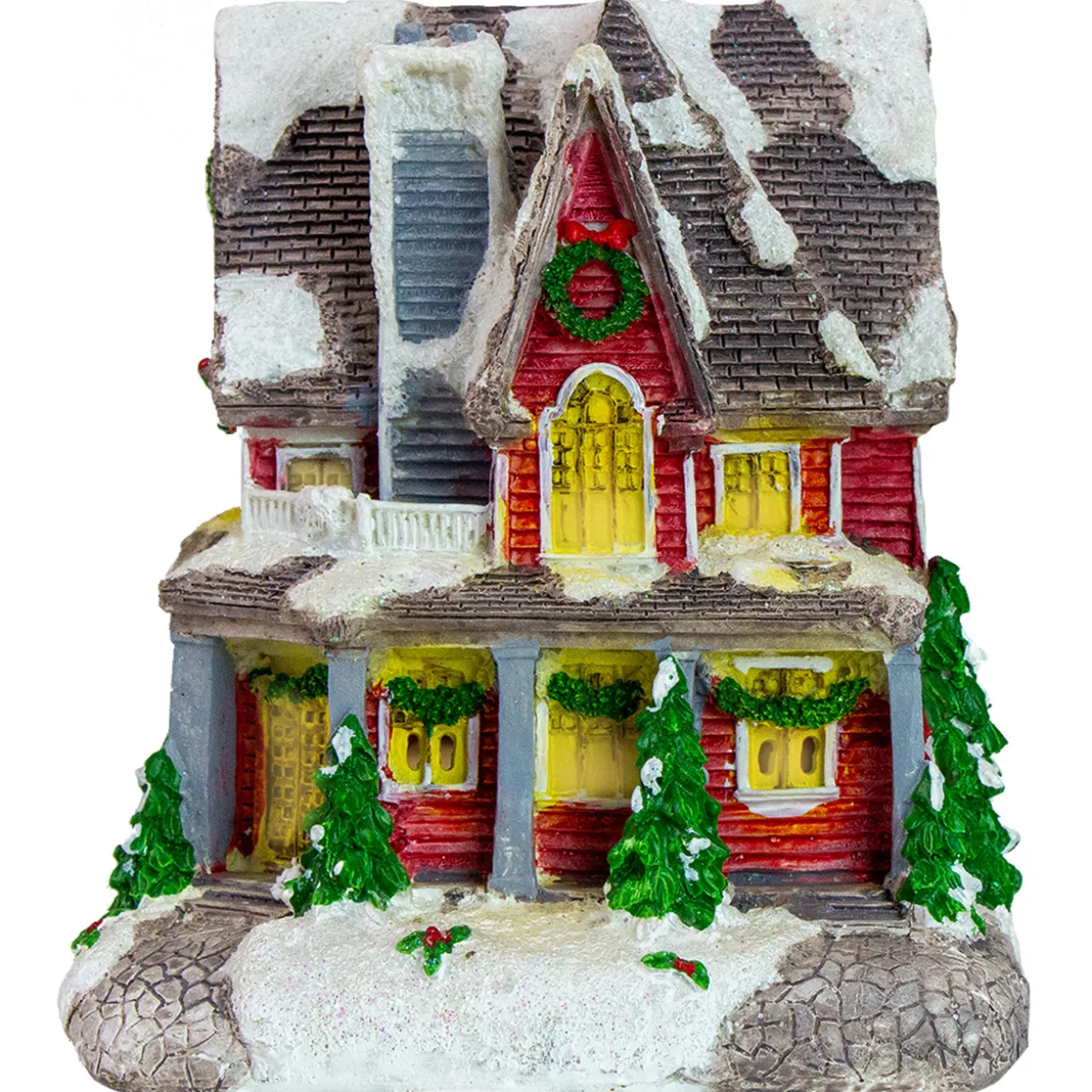 LED Lighted Snowy House Christmas Village Decoration - 5" - Red