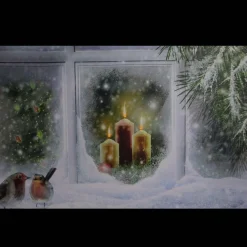 LED Lighted Snowy Window Pane and Candles Christmas Canvas Wall Art 23.5