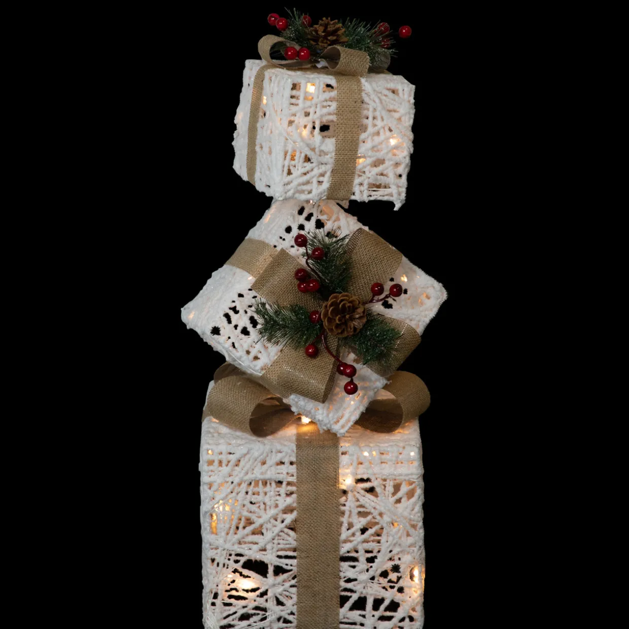 LED Lighted Stacked Gift Boxes Christmas Decoration - 25.25" - White and Beige
