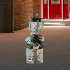 LED Lighted Stacked Gift Boxes Christmas Decoration - 25.25" - White and Beige
