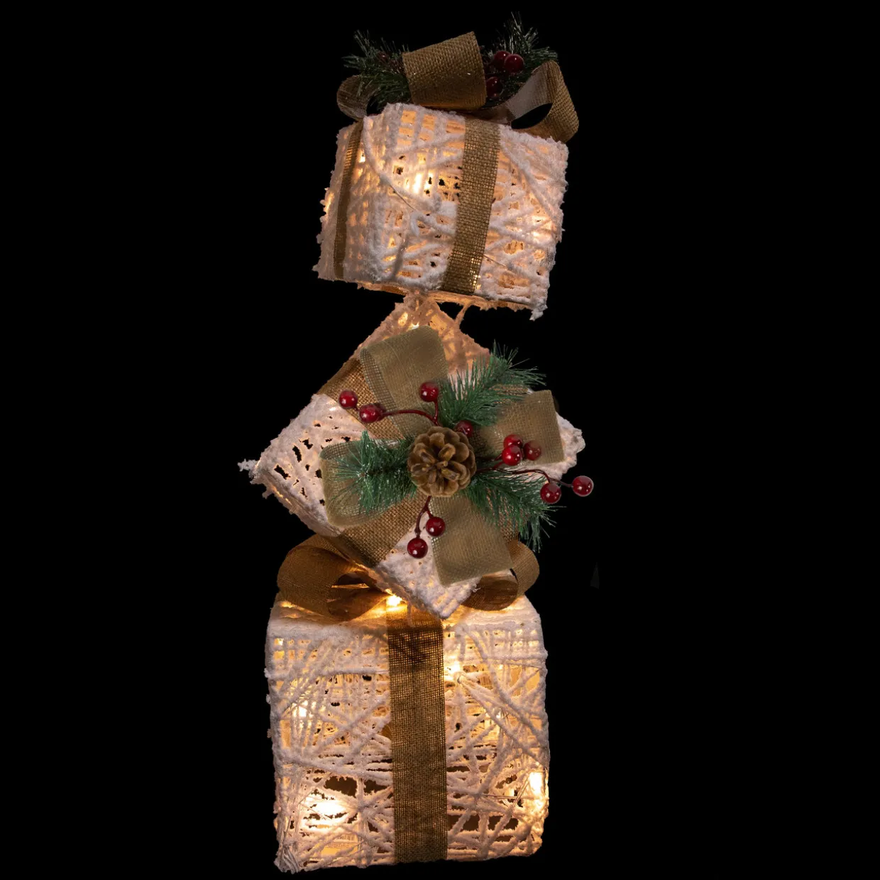 LED Lighted Stacked Gift Boxes Christmas Decoration - 25.25" - White and Beige