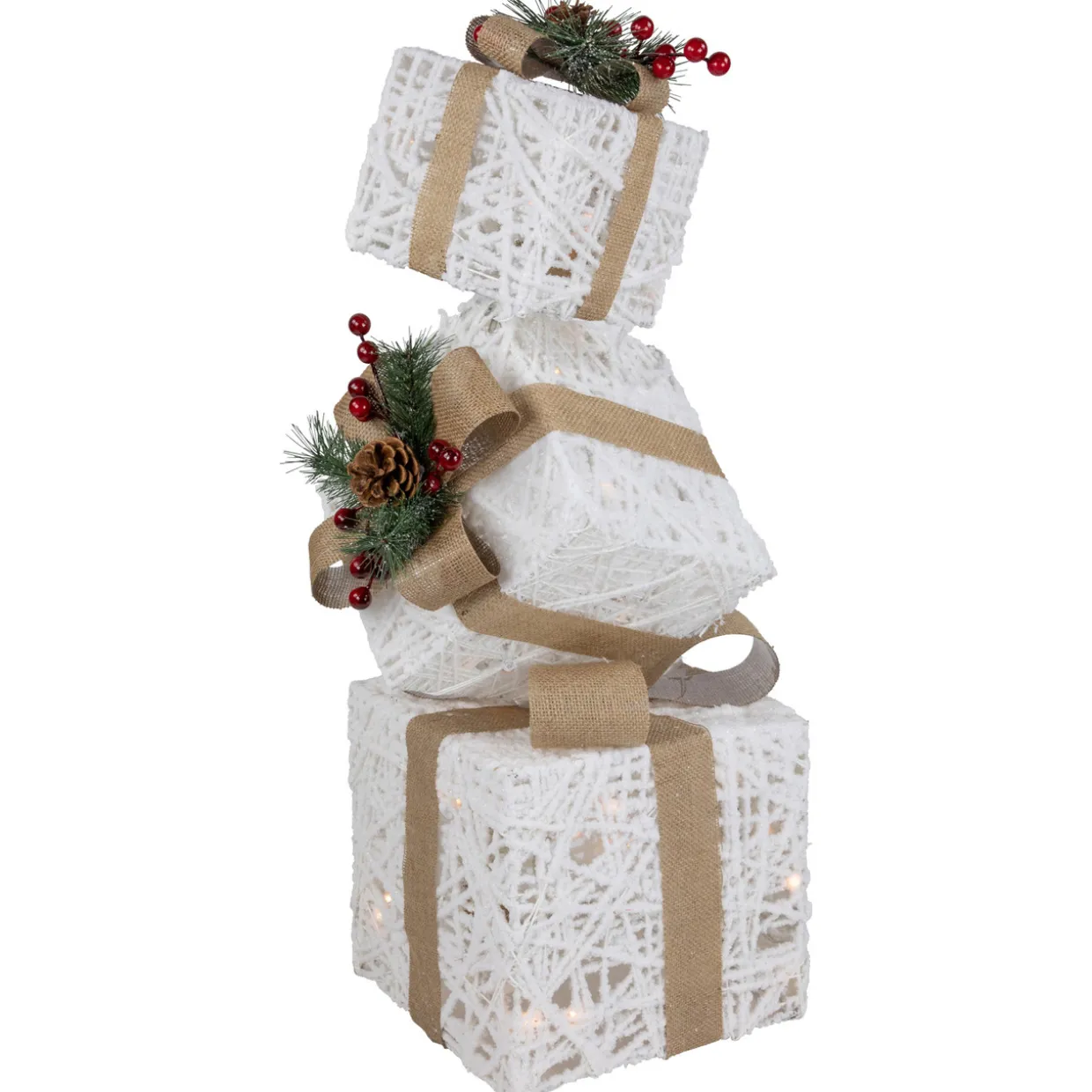 LED Lighted Stacked Gift Boxes Christmas Decoration - 25.25" - White and Beige