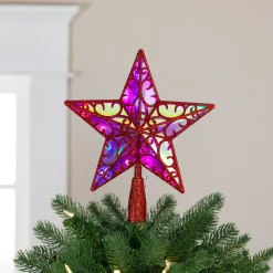 LED Lighted Star Glittered Christmas Tree Topper - 11" - Red - Multicolor Lights