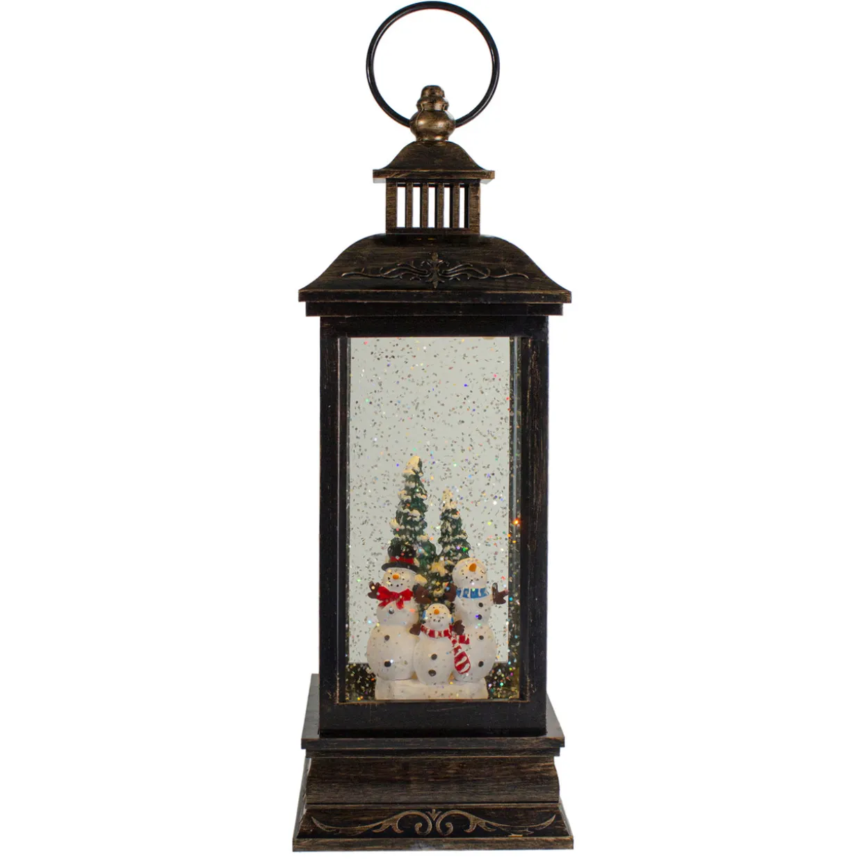 LED Snowman Family Brushed Christmas Lantern Snow Globe - 11" - Black and Gold