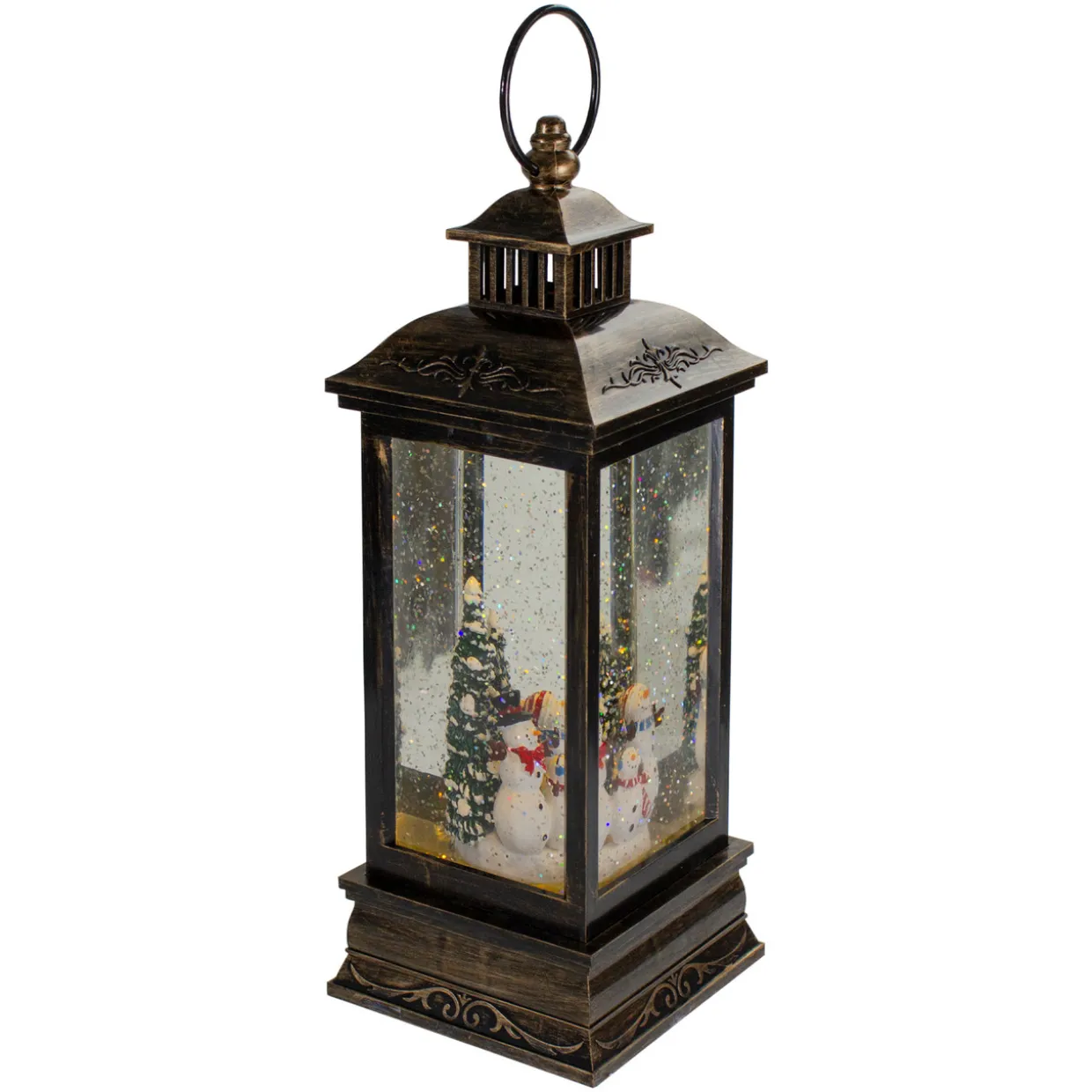 LED Snowman Family Brushed Christmas Lantern Snow Globe - 11" - Black and Gold