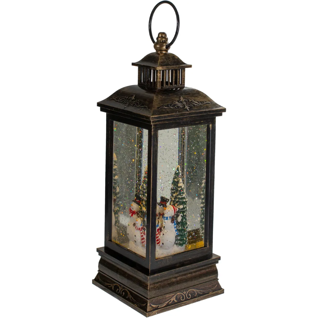 LED Snowman Family Brushed Christmas Lantern Snow Globe - 11" - Black and Gold