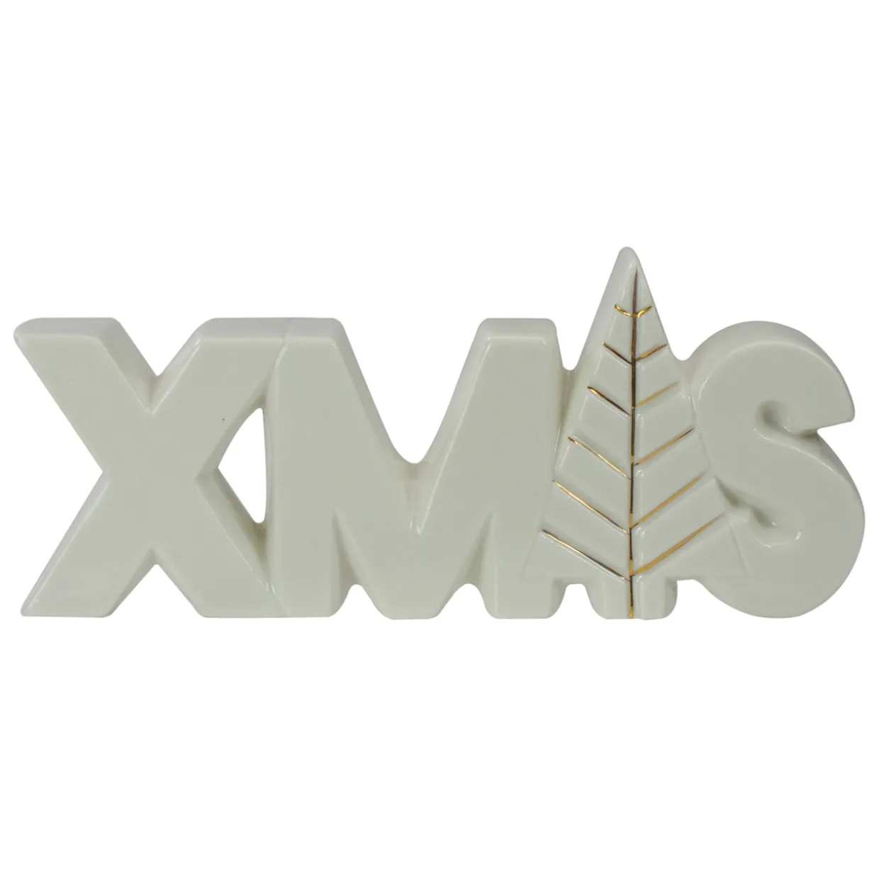 Lettered "XMAS" Tree Ceramic Christmas Sign - 8" - White and Gold
