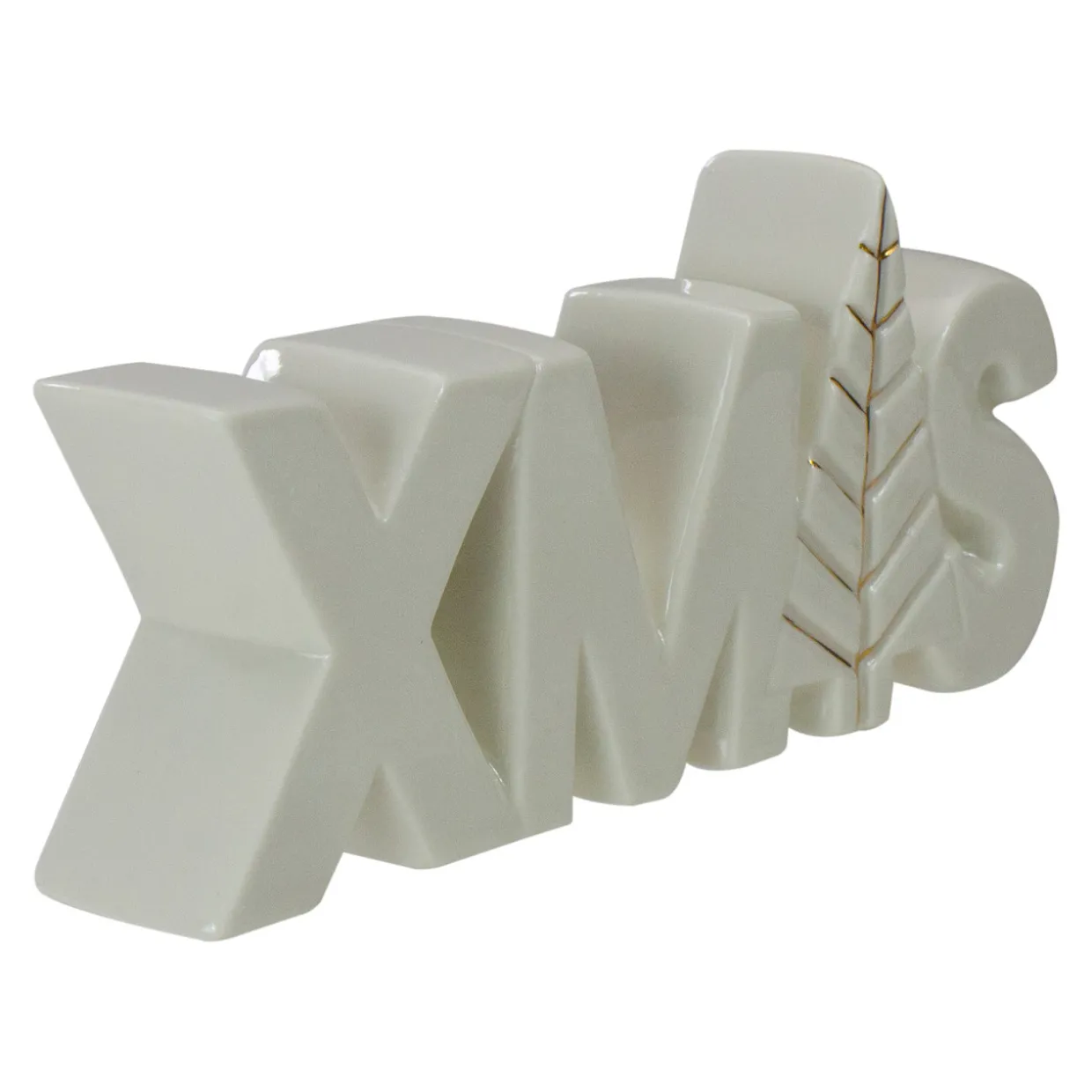 Lettered "XMAS" Tree Ceramic Christmas Sign - 8" - White and Gold