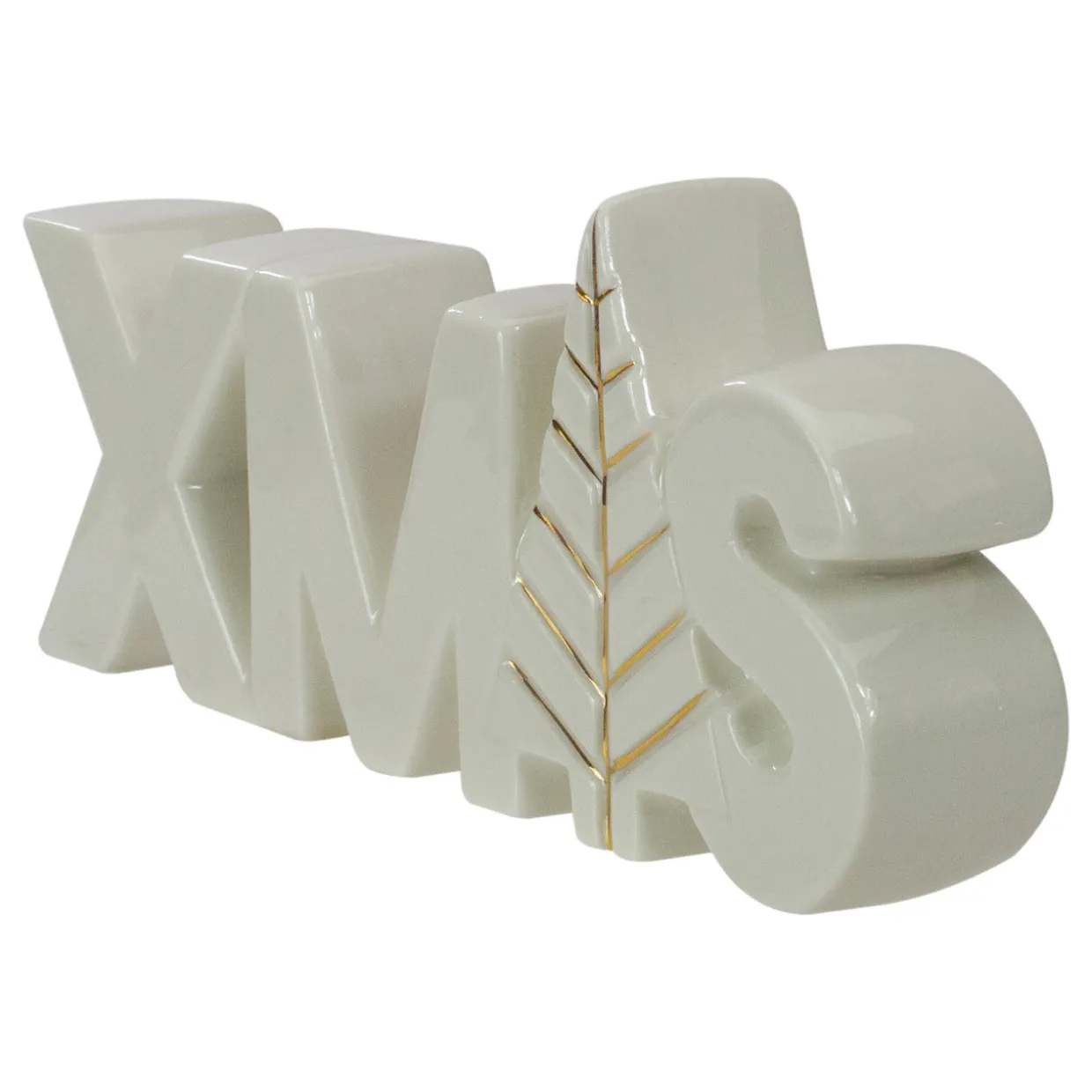 Lettered "XMAS" Tree Ceramic Christmas Sign - 8" - White and Gold