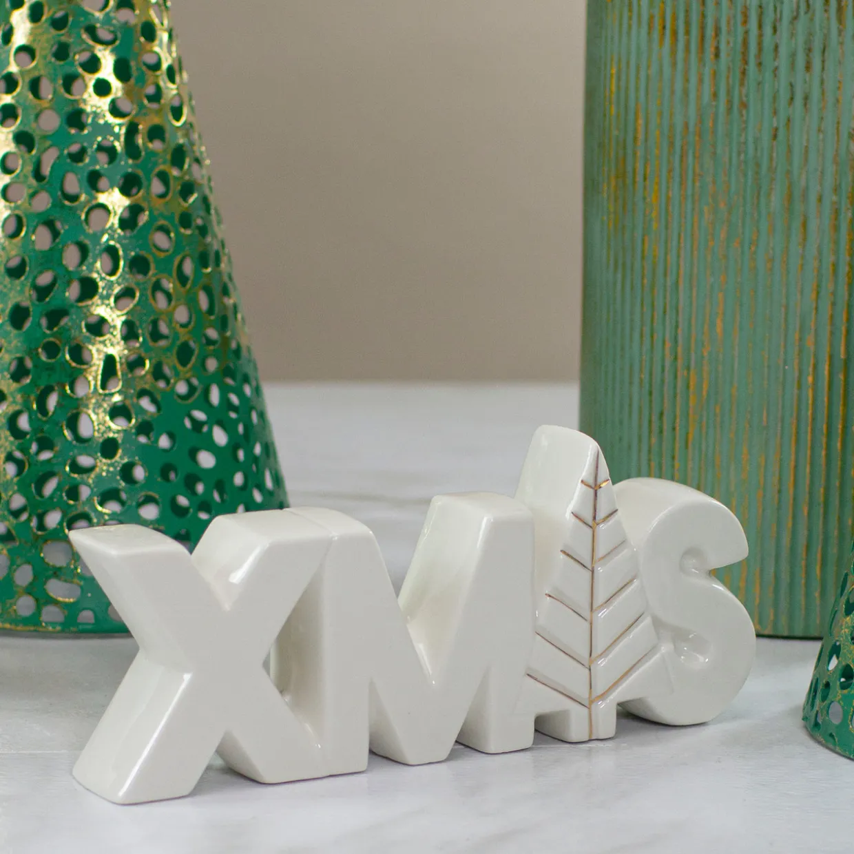 Lettered "XMAS" Tree Ceramic Christmas Sign - 8" - White and Gold