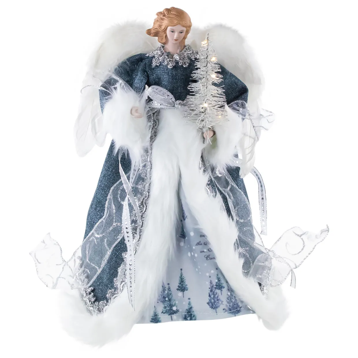 Lighted Angel with Faux Fur Wings Christmas Tree Topper - 14" - Blue and White