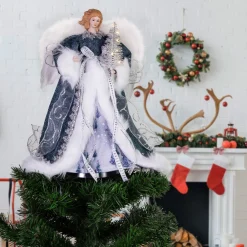 Lighted Angel with Faux Fur Wings Christmas Tree Topper - 14" - Blue and White