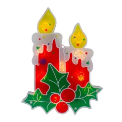 Lighted Berry Candle Christmas Window Silhouette - 12" - Clear Lights