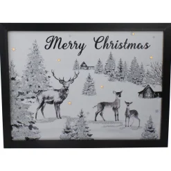 Lighted Black and White Winter Scene Merry Christmas Canvas Wall Art 11.75" x 15.75"