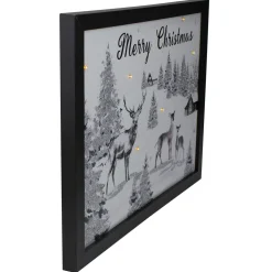 Lighted Black and White Winter Scene Merry Christmas Canvas Wall Art 11.75" x 15.75"