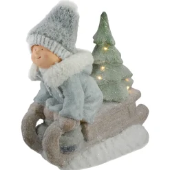 Lighted Boy on a Sled with Tree Christmas Decoration - 15" - Warm White Lights