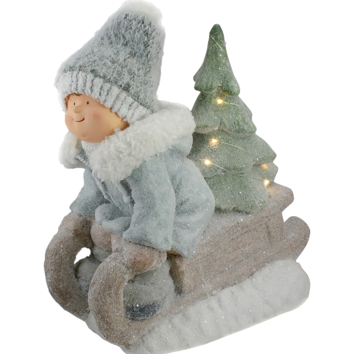 Lighted Boy on a Sled with Tree Christmas Decoration - 15" - Warm White Lights