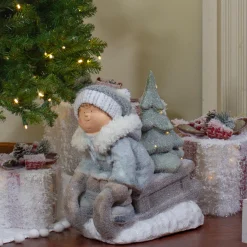 Lighted Boy on a Sled with Tree Christmas Decoration - 15" - Warm White Lights