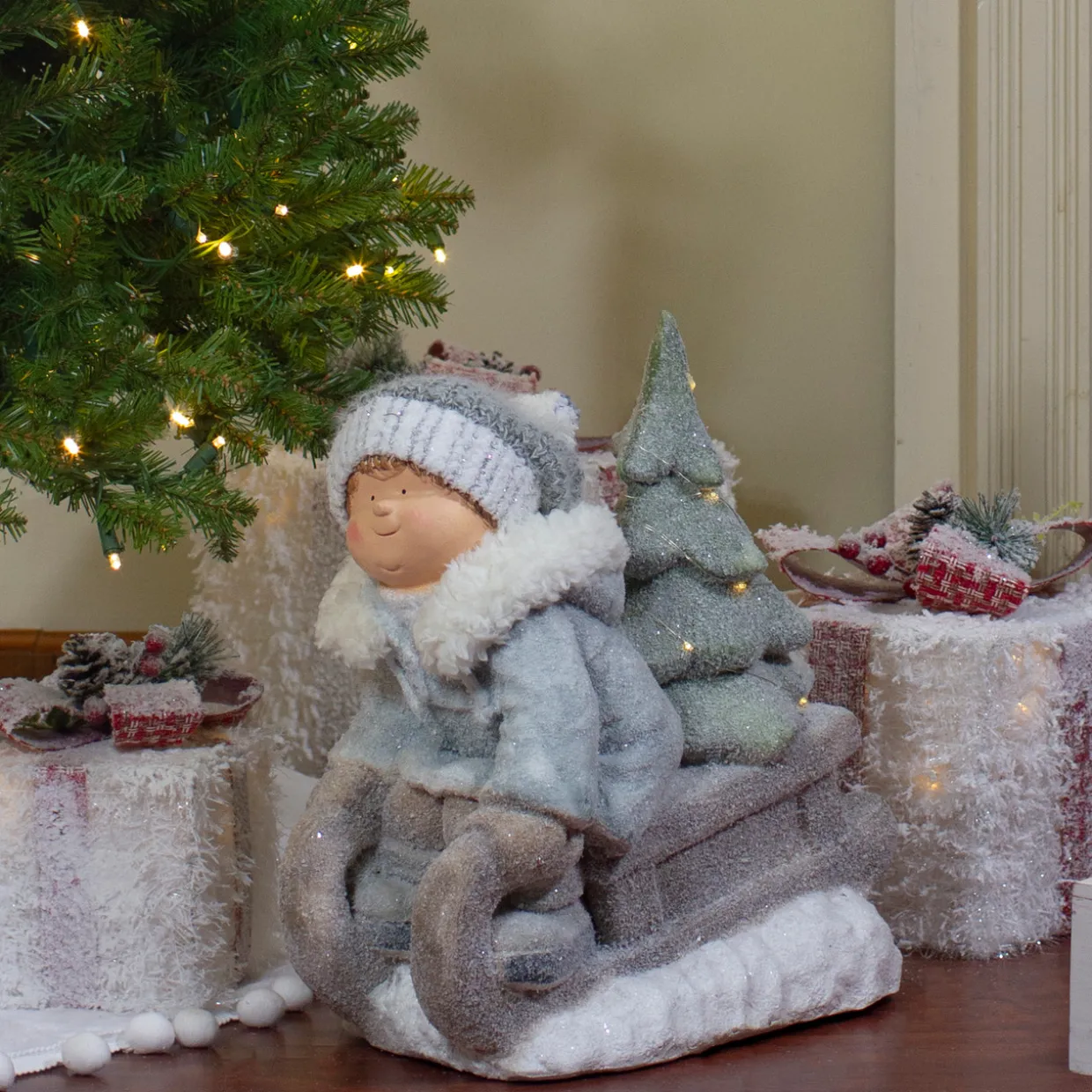 Lighted Boy on a Sled with Tree Christmas Decoration - 15" - Warm White Lights