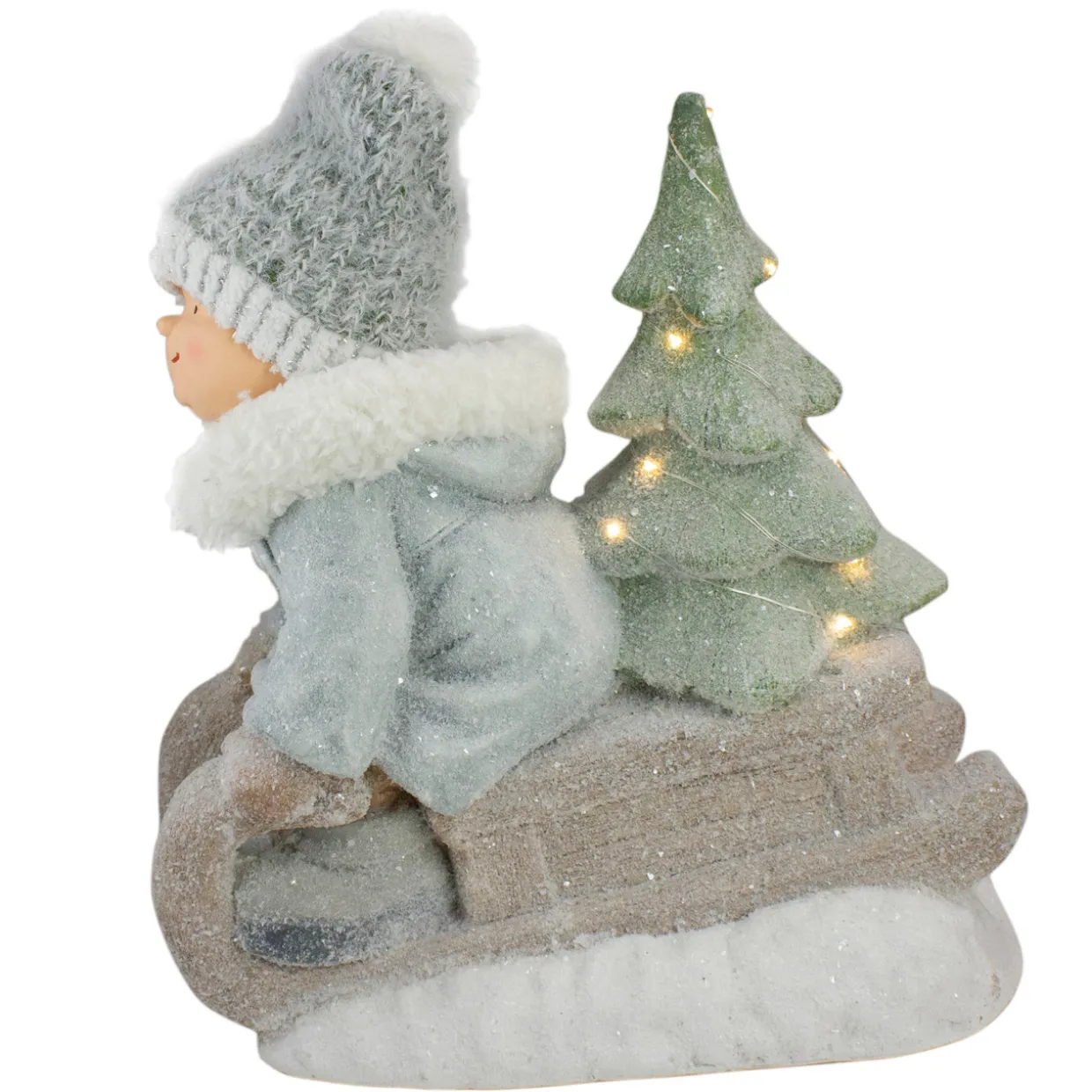 Lighted Boy on a Sled with Tree Christmas Decoration - 15" - Warm White Lights