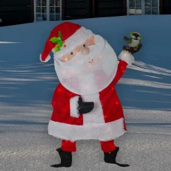 Lighted Chenille Santa with Bird Outdoor Christmas Decoration - 32" - White Lights