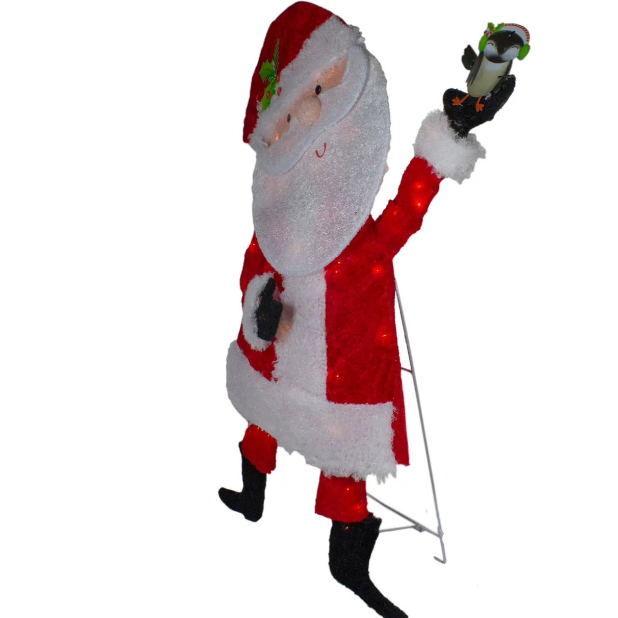 Lighted Chenille Santa with Bird Outdoor Christmas Decoration - 32" - White Lights
