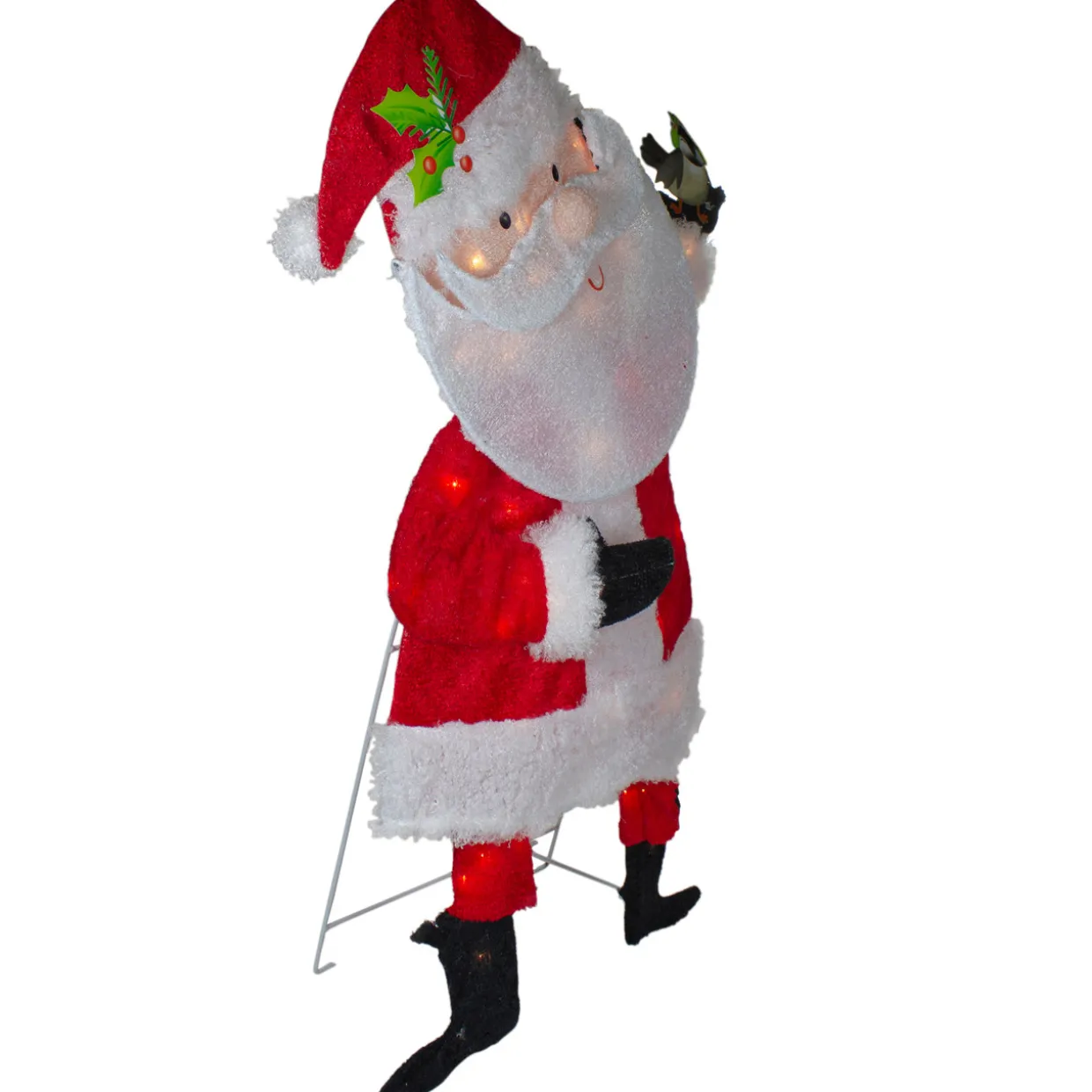 Lighted Chenille Santa with Bird Outdoor Christmas Decoration - 32" - White Lights