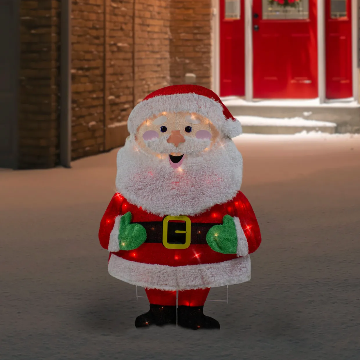 Lighted 2D Chenille Santa Outdoor Christmas Decoration - 32" - Warm White Lights