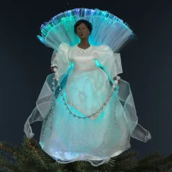Lighted Fiber Optic African American Angel Christmas Tree Topper - 12" - Silver