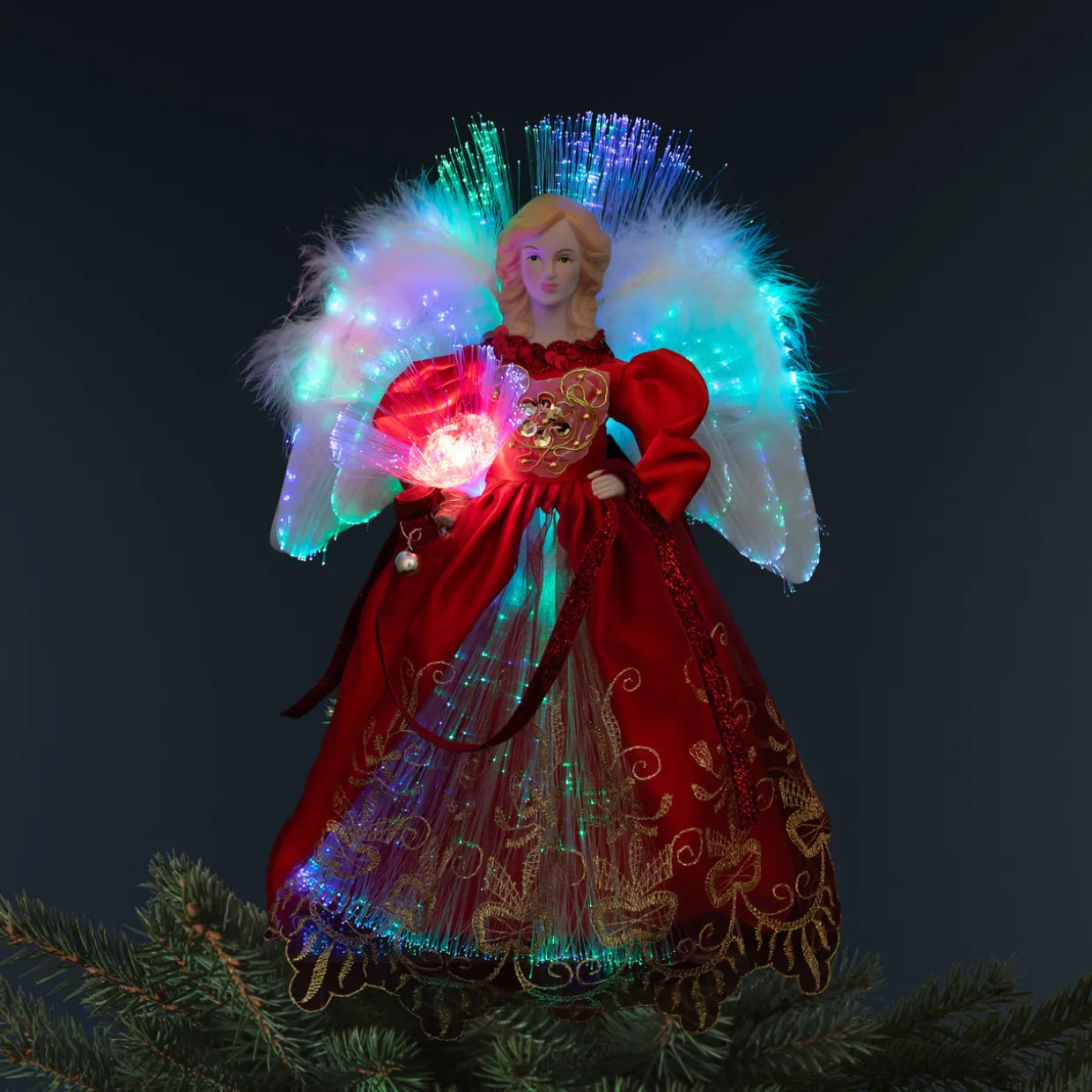 Lighted Fiber Optic Angel Christmas Tree Topper - 12" - Red and Gold
