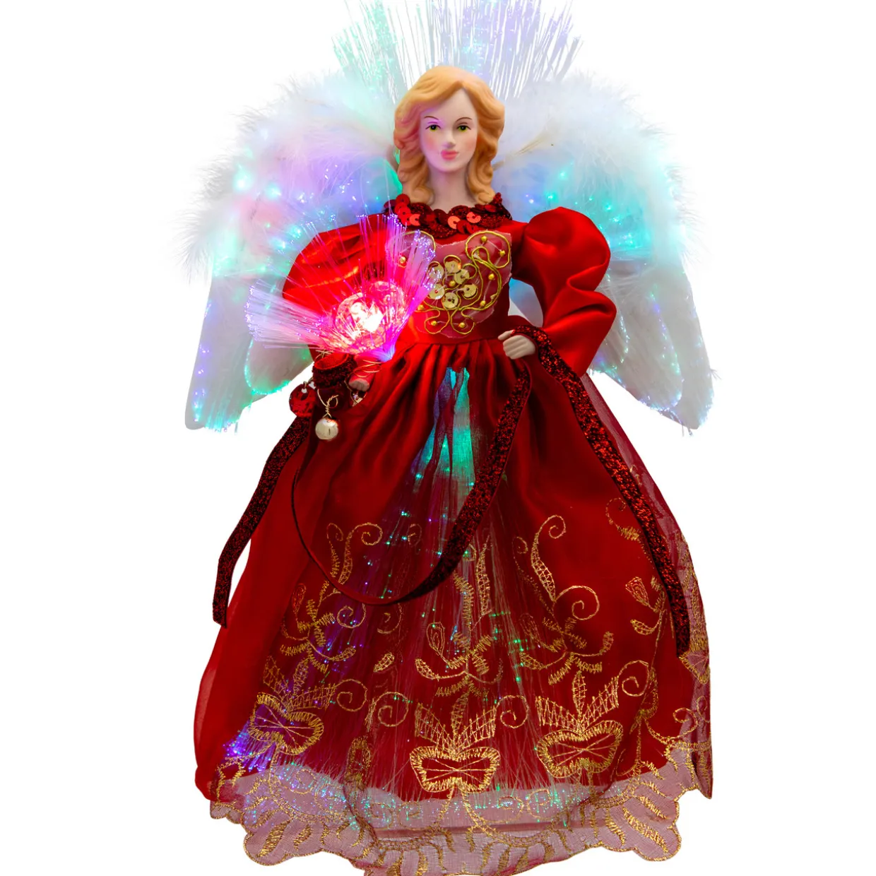 Lighted Fiber Optic Angel Christmas Tree Topper - 12" - Red and Gold