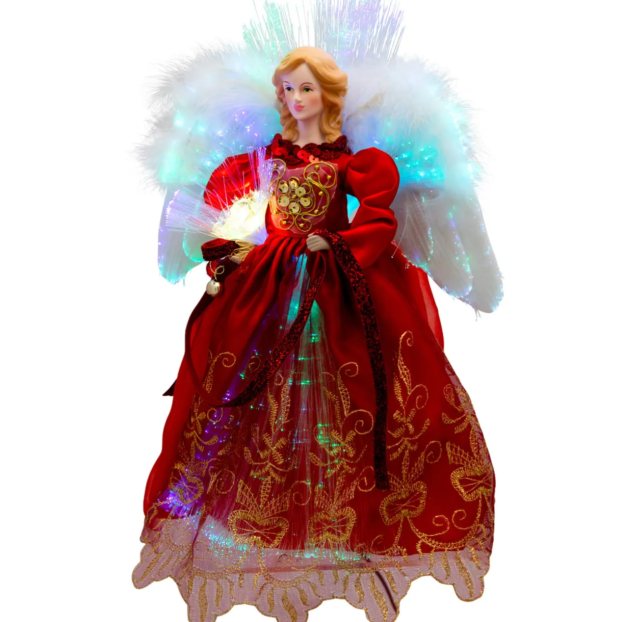 Lighted Fiber Optic Angel Christmas Tree Topper - 12" - Red and Gold