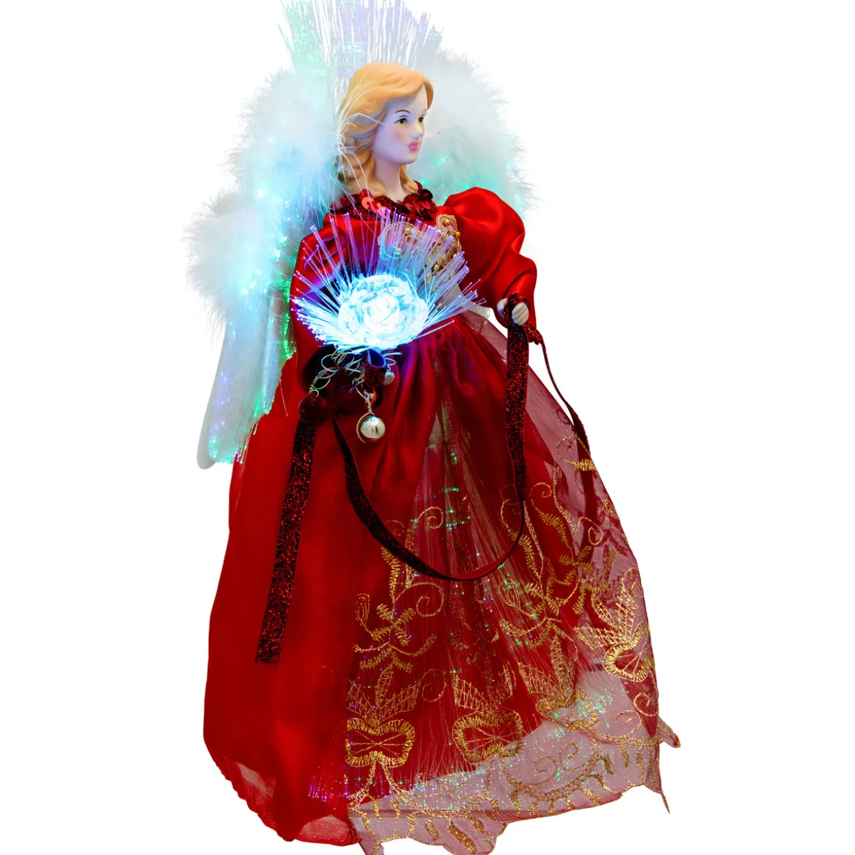 Lighted Fiber Optic Angel Christmas Tree Topper - 12" - Red and Gold