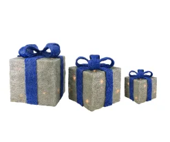 Lighted Gift Boxes Outdoor Christmas Decorations - 10" - Silver and Blue - Set of 3