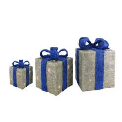 Lighted Gift Boxes Outdoor Christmas Decorations - 10" - Silver and Blue - Set of 3