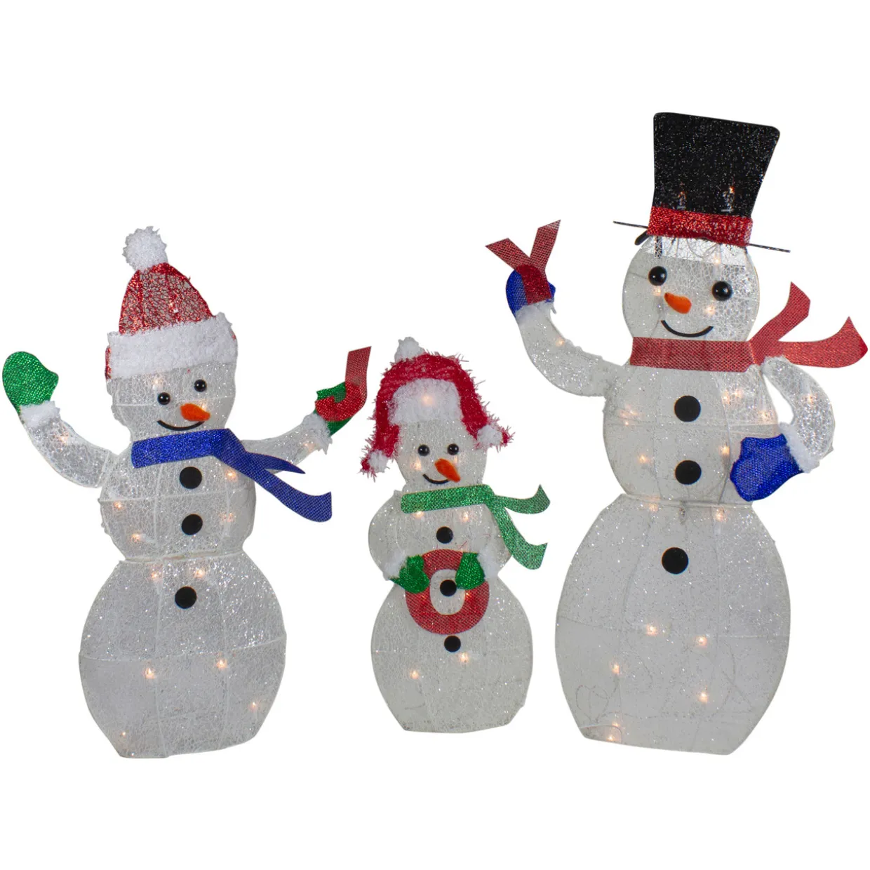 Lighted Glittering Mesh JOY Snowmen Outdoor Christmas Decoration - Warm White -Set 3