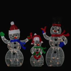 Lighted Glittering Mesh JOY Snowmen Outdoor Christmas Decoration - Warm White -Set 3